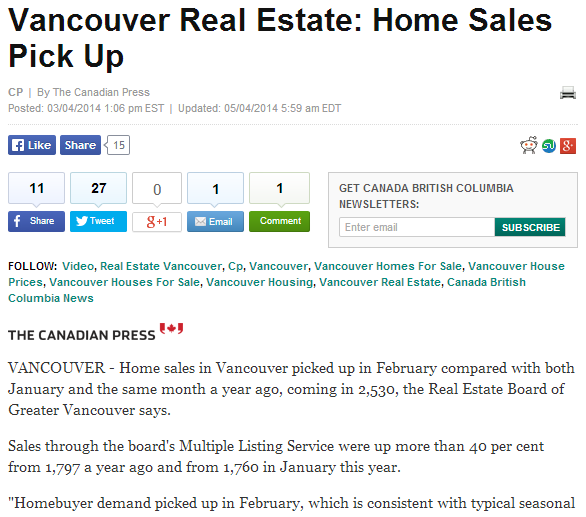 Real Estate Board: February a Good Month for Vancouver Homes for Sale